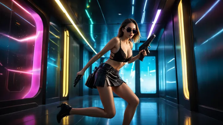 matrix inspired futuristic long corridor with all-glass wall, glowing rainbow auto weapon image displaying on wall, (low angle view), at dark night, background darkness:2.0, (1girl, solo, alone), medium-breast slim:0.6 body, oval:0.5 face, cleavage:1.1, se...