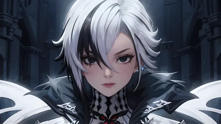 1 girl, one, white hair, black hair, multicolored hair, black eyes, x-shaped pupils, white arles_suit,  face concentrated