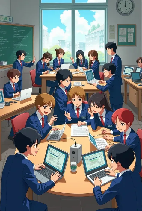 Illustrate a group of high school students Involved in TECH CLUB Which include tech team, creative team and managing team. Keep it simple, reminiscent of classic anime-Think school uniforms, chalkboard, and youthful energy.