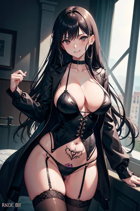 Top quality, Masterpiece, Ultra HD, RAW photography, shiny skin, wet body, dramatic lighting, dutch angle, {{black tentacles, too many tentacles}}, 1girl, breasts , seductive_smile, garter_straps, looking_at_viewer, upward_glance, show_off_cleavage, bedroo...