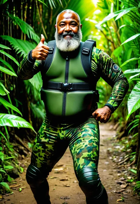 (a dark-skinned fat bearded old man in a skintight camouflage zipper diver suit), thumbs up, carrying a gun holster, muscular, imposing stature, Basuki Abdullah style, sumatraism, action, (a character portrait), heroic, fierce, snarling, vibrant colors, de...