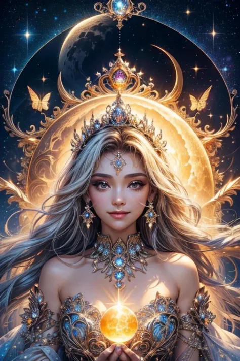 A light orb surround by the magician circle with inside the orb has a diamond, hand, many shining butterfly, beautiful smile, sparkle sky, shining, gust of wind, light bright flowers, sun and moon, dark light of fantastic and cosmological with universal. A...