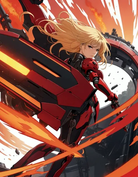 The image depicts a female anime character with long blonde hair and black and red armor, she has a robotic right arm, wielding a curved flaming sword and a large cybernetic shield. She appears to be in a futuristic or sci-fi setting, surrounded by mechani...