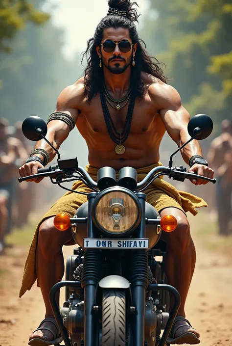 Lord shiva with sunglasses sitting on royal Enfield with muscular body