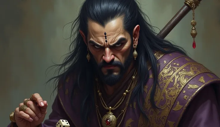 Face: Shakuni has a sharp, angular face with high cheekbones. His expression is often cold and calculating, with a thin, sinister smile. One of his eyes is clouded and half-closed, while the other is sharp and piercing.
Hair: His hair is long, black, and s...