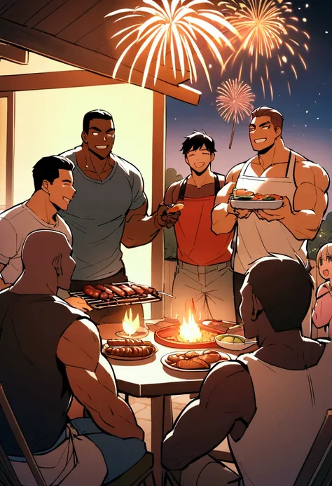 Highest quality、Four muscular men with short hair are having a barbecue in the garden、firework、Brown Skin、A fun atmosphere