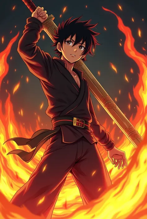 Tanjiro Kamado from Demon Slayer anime holding his sword , with flames around