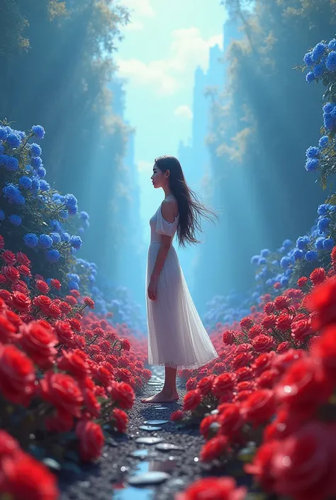 A girl stand on the road and everywhere red and blue roses realistic 
