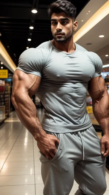 Handsome Indian latino muscular hunk in tighttee shirt with joggers, standing in shopping mall, head to thigh view