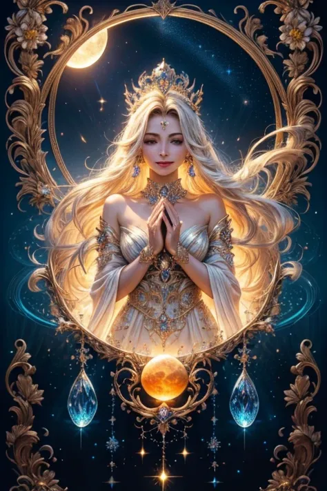 A light orb surround by the magician circle with inside the orb has a diamond, hand, many shining butterfly, beautiful smile, sparkle sky, shining, gust of wind, light bright flowers, sun and moon, light of fantastic and cosmological with universal. Amazin...