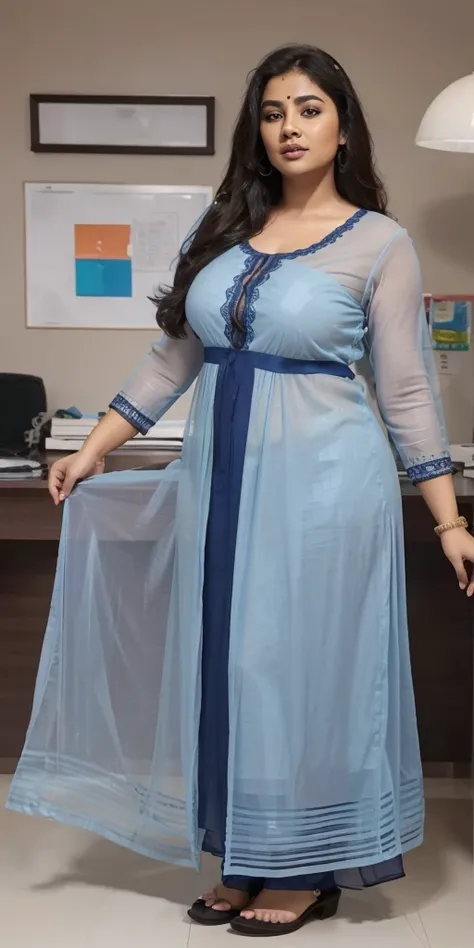 Day scene, A radiant, full-figured South Indian 3 aunty a navy blue colour chiffon fully transparent kurta, bra visible through kurta, ,standing, in a office captured in a full-body image with vibrant hues and meticulous details. Full body image