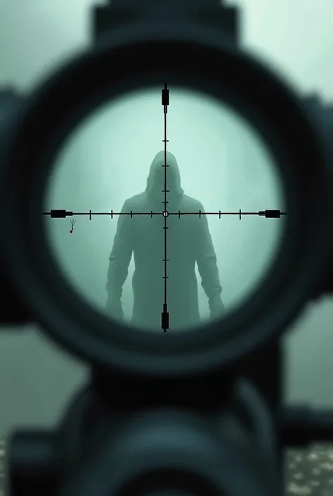 A drawing of a ghost man inside the crosshairs of a rifle scope 
