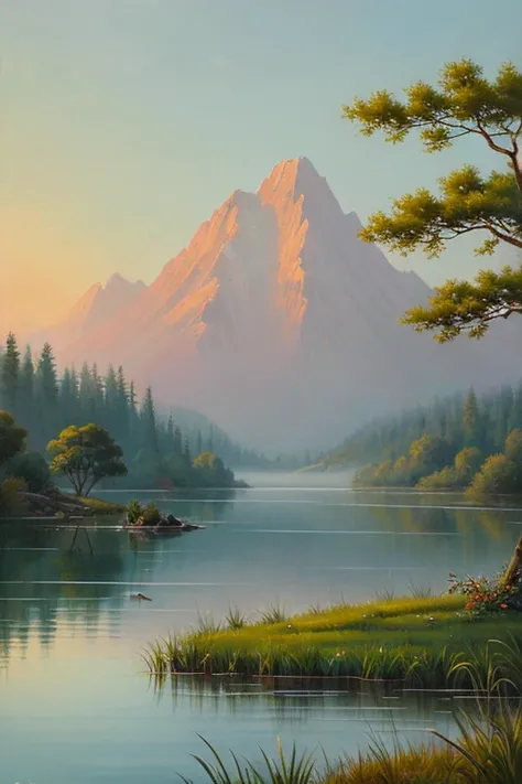 Highest quality、Landscape painting、Tranquil lakeside scenery、Foggy、dim