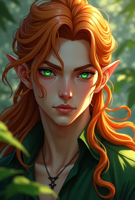 Osanius, a handsome young god with hair as orange as the setting sun. Natural green eyes like a lush forest Long hair tied up, cold face 