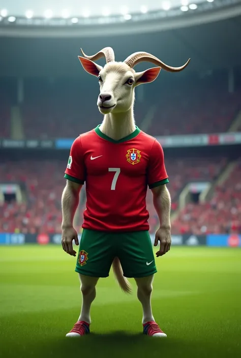 Goat in portugal jersey number 7 and standing pose in footbal arena 