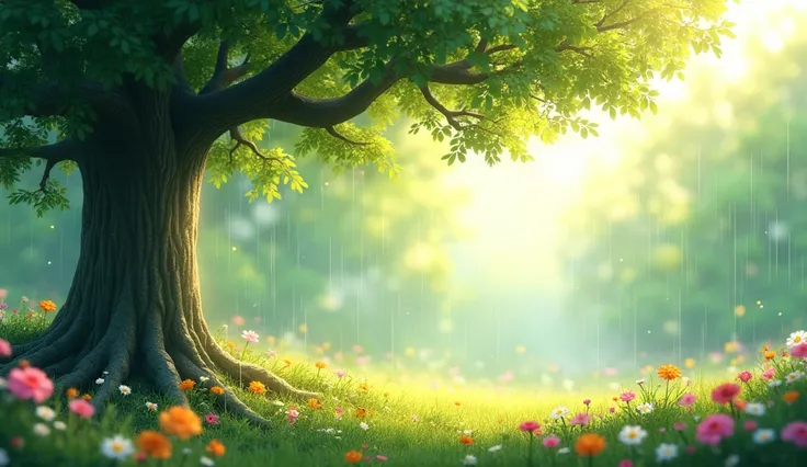 The natural light of sun on the tree and raining and flowers .