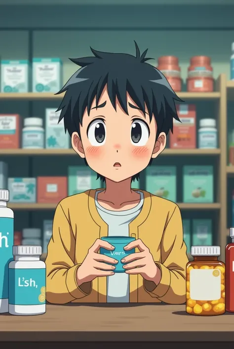 Create an anime about a boy thinking and looking what to buy between two products one is real and the other is fake and he is holding the medicine product 