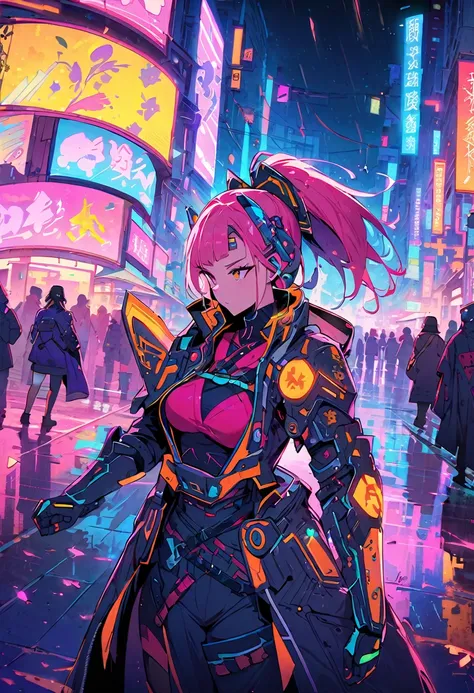 (best quality), (ultrafein), (​masterpiece), Illustration, a girl,China-Samurai,cyberpunk, （cyberpunk，Samurai-Costume，Cybernetic implants），ponytail, Hair Accessories, bright colours，dynamic lighting，neon lights，shining city skyline，holographic projection，F...