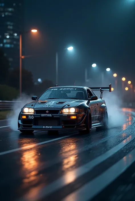 A JDM car drifting in a night , with dark road 