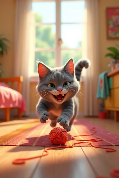 With a 3d Pixar Animation, A playful gray tabby cat chasing a ball of yarn in a bright, cheerful room. The  laughs and plays along, with a feeling of happiness and belonging in the air.
Add the  laughing 