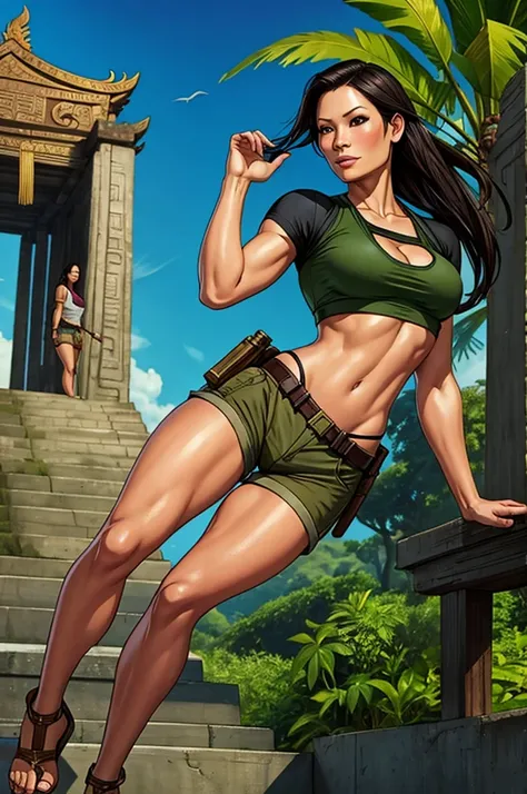 Lucy Liu as Lara Croft, full body shot, crop top, shorts, jungle temple