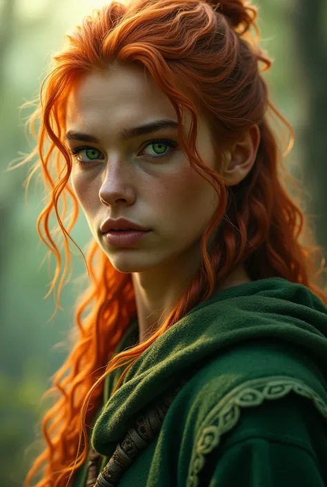 Osanius, a handsome young god with hair as orange as the setting sun. Natural green eyes like a lush forest Long hair tied up, cold face 