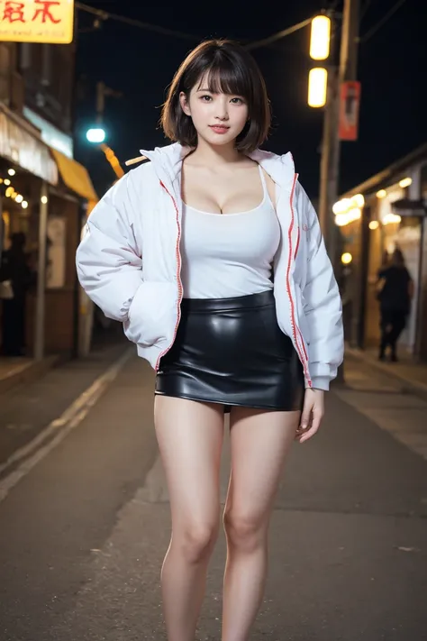 Tabletop, Highest quality, Ultra-high resolution,(Realistic:1.4) (Written boundary depth),(Lens Glow) ,1, white Jacket、White half-nasi:1.4, People in the background、night city, Japanese people women:1.3、short hair, A shy smile、mouth half open、Overchange、Ti...