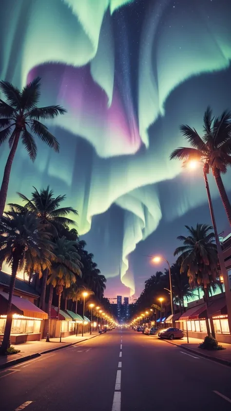 Urban landscape with palm tree lined boulevard、The sky is covered with colorful and fantastic aurora-like lights.、star々Shining night sky、Futuristic and surreal art style。