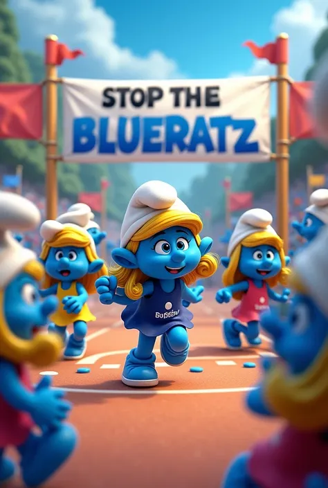 Smurfs having sports festival with boys and girls Smurfs girl Smurfs wearing dresses and skirts and a big text in the upper middle saying "THE BLUERATZ"