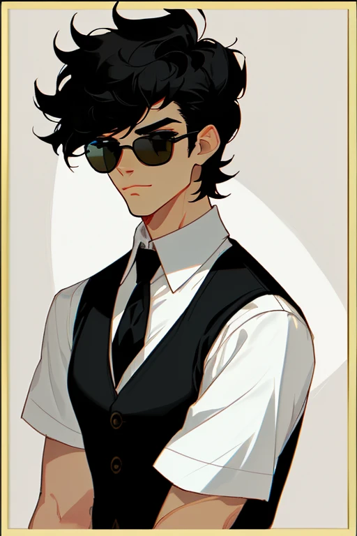 Draw a black-haired man in a white shirt, black vest and black-framed sunglasses