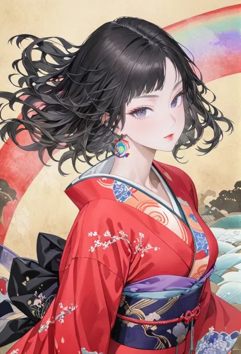 A fusion of watercolor and oil painting, , Mix of Japanese paintings, Ukiyo-e and woodblock prints, Conceptual installation art, Beautiful Princess, Enchanting and seductive expression, compensate, Best body shape, colorfulな日本の着物を着ている, (Super detailed, The...