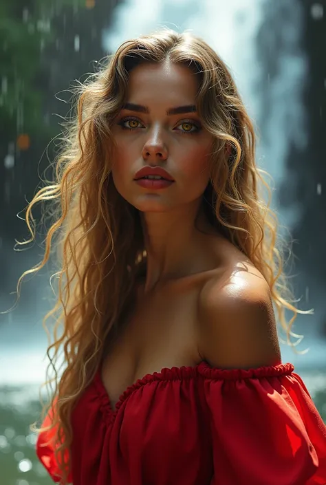 Toffee color skin, beautiful toffee mixed woman 2 with long blond curly hair and extremely detailled clear yellow eyes, She is standing under the waterfall and her hair is wet, red bare shoulders dress with puffy sleeves, red lipstick, beautiful waterfall,...