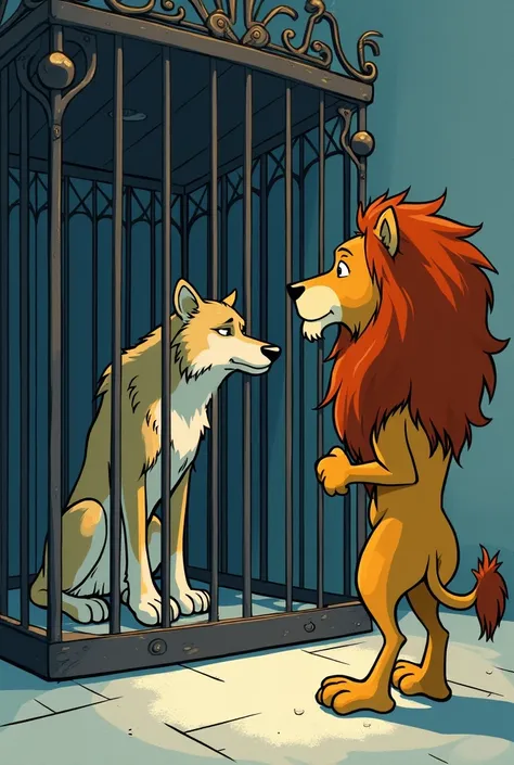 A sad wolf sits in a locked cage, a big lion is looking at him, cartoon