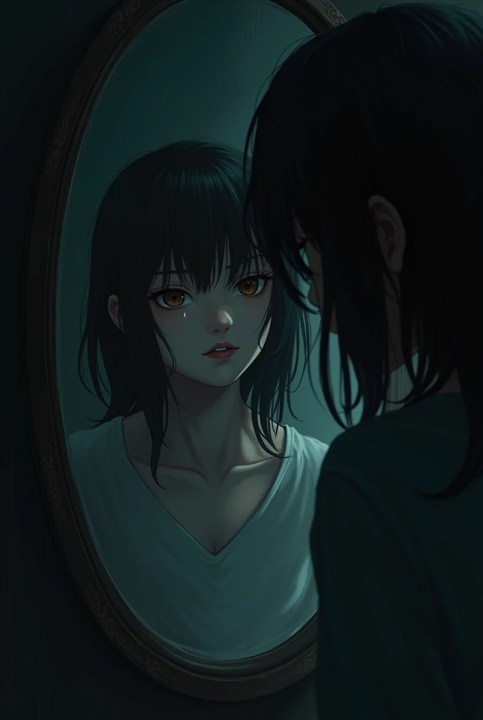 a girl who crying to front a mirror  in the dark room 