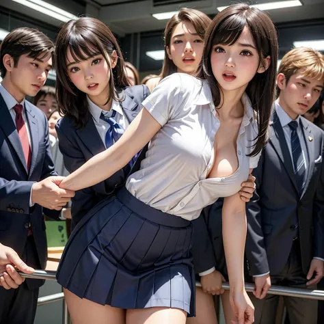 A beautiful and innocent girl surrounded by excited high school students, Cute baby face like an idol, She was molested in public、Seen from a close distance、Shouting with embarrassment。, High school students take off their uniforms, Revealing pure white pa...