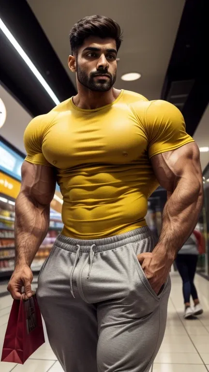 Handsome Indian pehlwan muscular hunk in tight tee shirt with joggers with huge bulge, doing shopping in shopping mall, head to thigh view