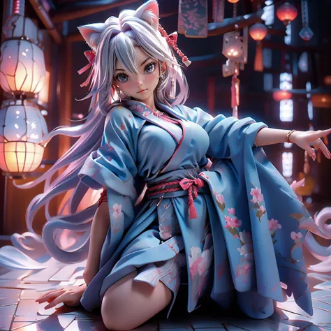 Moisturized Skin, (blue eyes), Realistic body, (Adult female body), Energetic,3DCG, front, High angle,Pink lipstick, (Beautiful belly button), (Silver Hair), ((Cat ear)), Beautiful Hair, (Samurai Armor: 1.3), ((masterpiece + Highest quality + High resoluti...