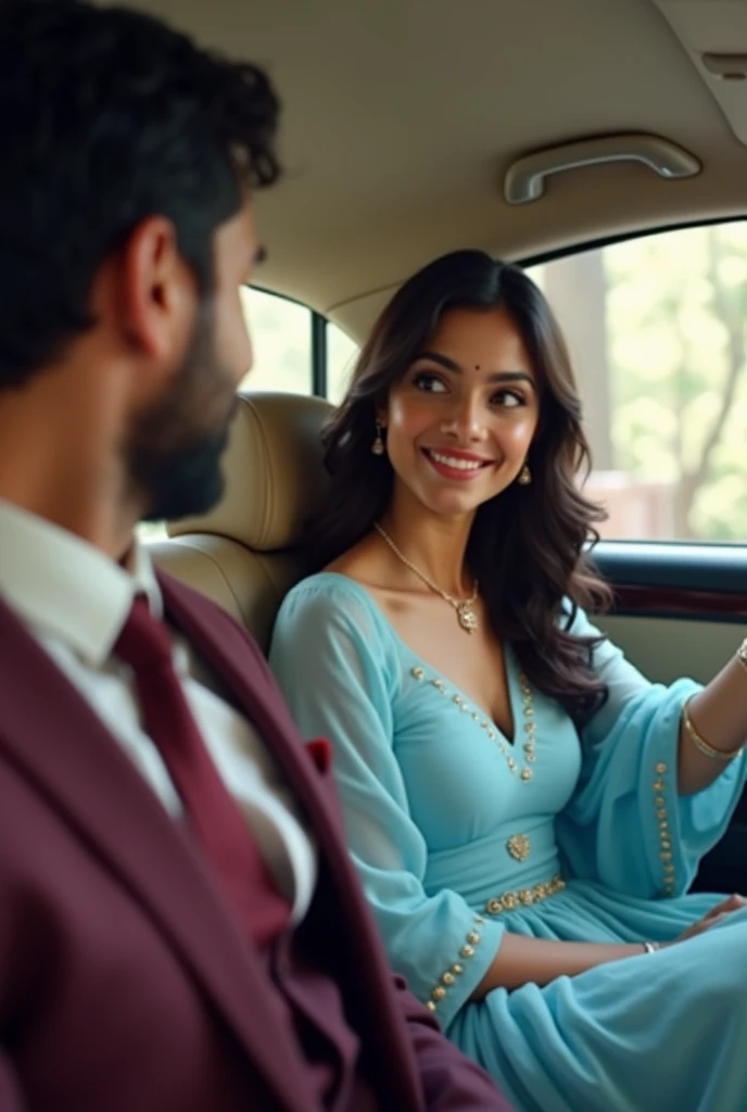 Ek 24 saal ki khubsurat indian ladki jiska. Naam Shreyaa hai wo 24 saal ki hai aur usne sky blue frock pahan rakha hai aur wo ek luxsury car ke front seat par baithi hai aur uska husband gadi chala raha hai wo use dekh rahi hai uske husband ne maroon colou...