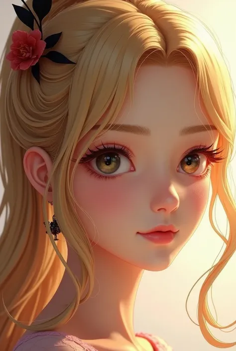 A beautiful young girl with long yellow hair, black hair ornament, and a high ponytail, wearing a red flower hair accessory, close-up portrait, detailed facial features, photorealistic, 8k, hyperrealistic, elegant, intricate, soft lighting, warm color pale...