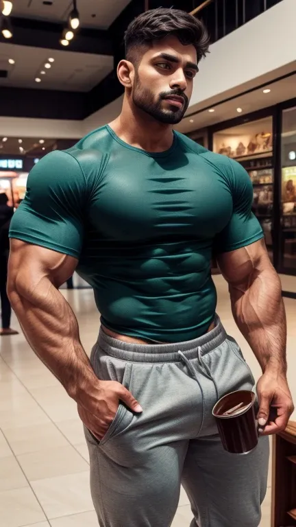 Handsome Indian pehlwan muscular hunk in tight tee shirt with joggers with huge bulge, doing shopping and drinking coffee from tumblr in shopping mall, head to thigh view