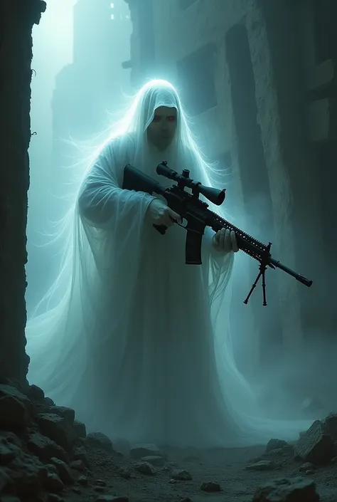 A ghost man with a sniper, gazing 
