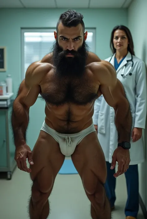 Extremely hairy bearded young mixed race man in dirty white underwear doing squats in front of a female doctor.