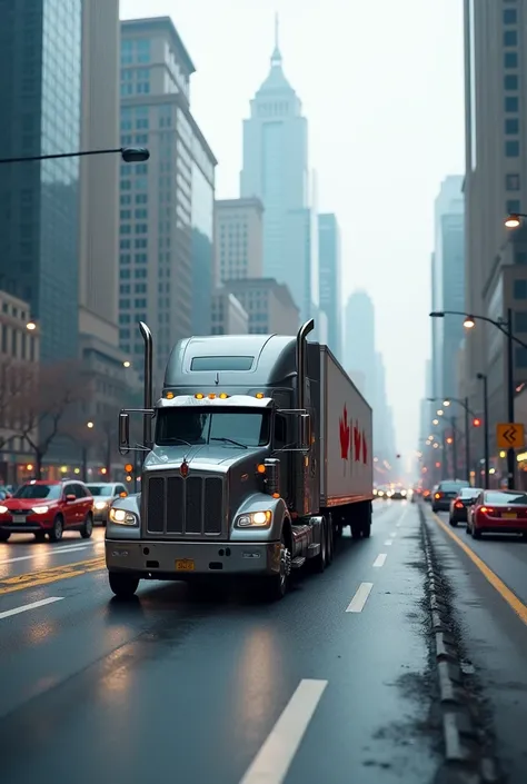 Canadian truck in grey colour on long road with load and canada flag in downtown with cars