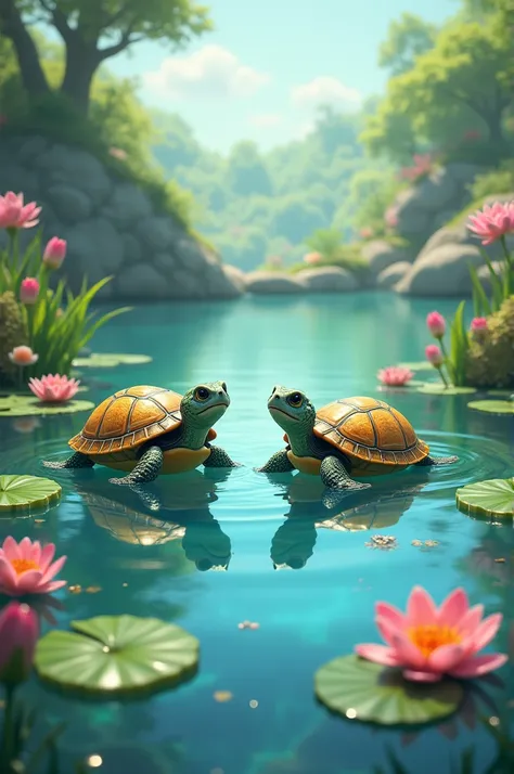 Two turtles, Rocky and Taki, swimming happily in a beautiful pond. The pond should be filled with colorful flowers and plants, and the water should be crystal clear.
 * Style: Peaceful and serene, with a focus on the beauty of the natural world