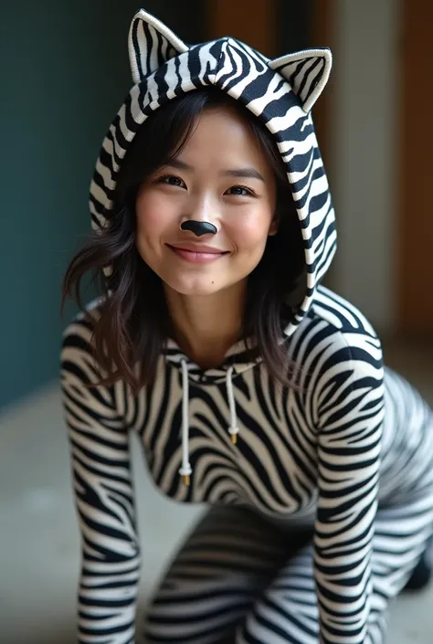 The beautiful Chinese asian adult girl with beautiful cheeks wears plains zebra print lycra turtleneck unitard catsuit covered with stripes and plains zebra print lycra elastane stretchy dancewear hijab-like 100% stretchy zentai hood.She is happy to crawl....