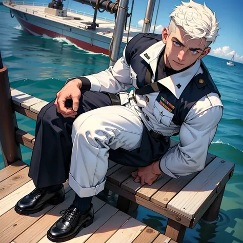 masterpiece, best quality, detailed face,  detailed eyes, solo man, european, big feet, black socks, full body, large bulge, long legs, looking at viewer, 30 years old, muscled and mature, sea, a navy soldier, white navy army uniform, wearing black leather...