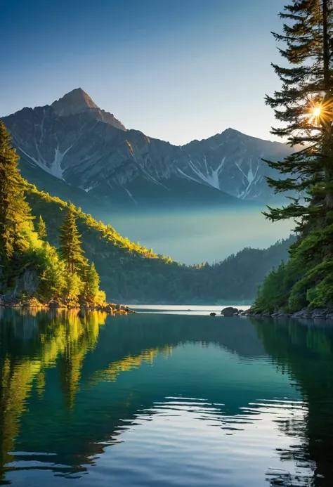 Create a highly realistic image of a serene lake nestled amidst towering mountains at dawn. The clear, mirror-like waters of the lake perfectly reflect the surrounding green trees and rugged mountain peaks, which are bathed in the warm golden color of the ...