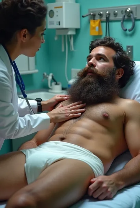 Extremely hairy bearded young mixed race man in a diaper lying down being examined by a female doctor.