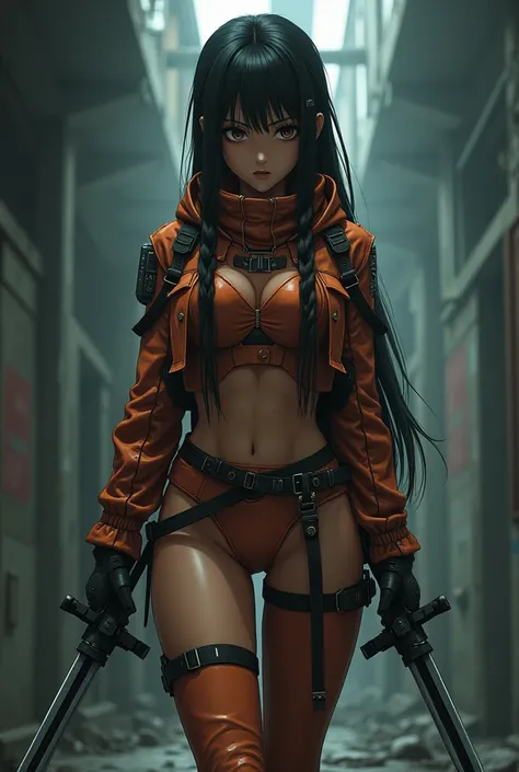 The image is anime style with shadows and dim lights, anime style although somewhat adult and dark, It shows a female android in a copper-colored suit., who appears to be 2, She has straight black braided hair, with a face that shows determination, as he w...