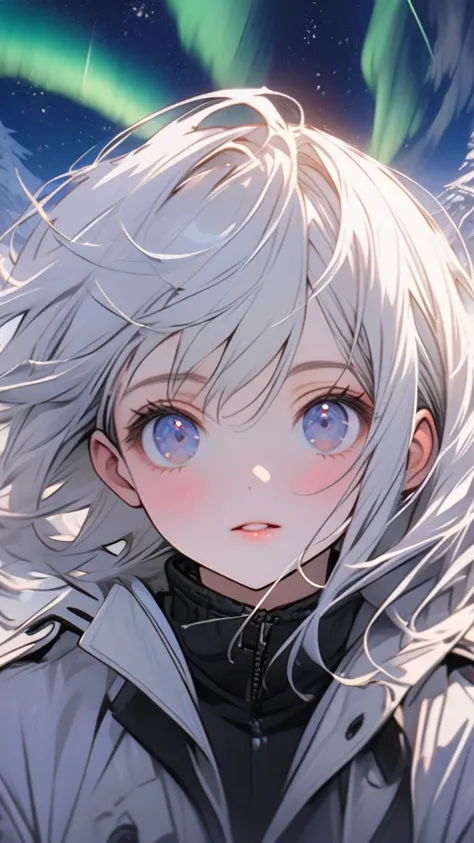 Beautiful girl with white hair，Open white long trench coat，Black lining，Snowy mountain tops，Starry Sky，Meteor，Put your hands in your pockets，Look up at the Starry Sky，panoramic，Character Close-up，midnight，Aurora